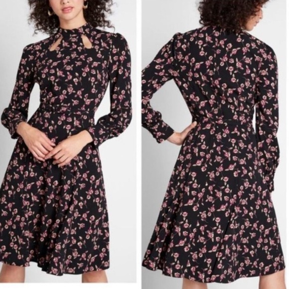 Modcloth Womens Size 6 Enjoy Every Moment Keyhole Black Floral Belted Midi Dress - Picture 1 of 16